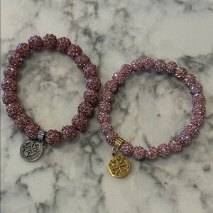 2 Rustic Cuff Pink Beaded Bracelets with Charms